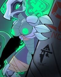 2021 4_fingers anthro areola biped black_body black_scales black_sclera bone cybernetic_arm cybernetic_leg cybernetic_limb detailed_background dragon eyelashes female fingers genitals glistening glistening_body glowing glowing_areola glowing_nipples green_areola green_eyes green_nipples green_pussy grey_body grey_scales hi_res innie_pussy looking_at_viewer mask multicolored_body multicolored_scales mythological_creature mythological_scalie mythology nipples pupils pussy sakanagashima scales scalie skull skull_mask slit_pupils solo tail two_tone_body two_tone_scales