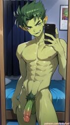 abs ai_generated beast_boy bedroom body_focus dc dc_comics erection full_body gay green_skin kinkyfuel male male_only mirror mirror_selfie muscular nude penis selfie short_hair solo spiky_hair standing sweat teen_titans toned yaoi yellow_eyes