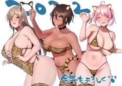 2022 3girls absurdres amano_don animal_ears animal_print bare_shoulders bikini blue_eyes blush breasts brown_hair cleavage closed_eyes collarbone commentary_request dark-skinned_female dark_skin female fuuki_lin_to_fuuzoku_katsudou grin hair_ornament hairclip hands_up highleg highleg_swimsuit highres kitamura_chika kotoyoro large_breasts long_hair looking_at_viewer micro_bikini mole mole_under_mouth multiple_girls navel new_year one-piece_swimsuit open_mouth orange_one-piece_swimsuit original pink_hair purple_eyes ryuuzaki_hina sakurai_hana_(fuuki_lin_to_fuuzoku_katsudou) short_hair short_twintails simple_background skindentation smile swept_bangs swimsuit text_background thighhighs thighs tiger_ears tiger_print twintails white_background