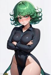 1girl :t ai_generated artist_name bangs black_dress blush breasts closed_mouth collarbone collared_dress covered_navel cowboy_shot crossed_arms curly_hair dress female green_eyes green_hair high_resolution highres long_sleeves looking_at_viewer medium_breasts no_panties one-punch_man pelvic_curtain pout short_hair simple_background solo stable_diffusion tatsumaki thick_thighs thighs waifuscans418 white_background wide_hips