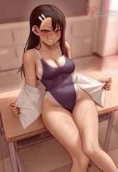 1girls 2d ai_generated areolae ass back bare_shoulders big_ass black_hair blue_eyes bra brown_eyes classroom cleavage competition_swimsuit dark_skin dark_skinned_female day erophoenix female female_focus full_body hairclip hayase_nagatoro indoors jewelry long_hair looking_at_viewer one-piece_swimsuit one-piece_tan panties patreon_username please_don't_bully_me,_nagatoro sitting skin_fang small_breasts smile solo tan tan_body tan_lines tanline thick thick_thighs uncensored underwear undressing