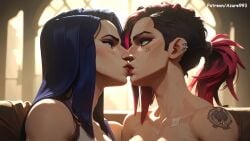 ai_generated arcane arcane_caitlyn arcane_vi azure993 blue_hair butch close-up kissing league_of_legends lesbian_couple lesbian_kiss red_hair riot_games romantic romantic_couple tattoo tattoos vi yuri