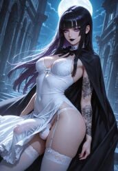 1futa ai_generated ass balls big_penis black_hair black_lipstick blunt_bangs cape contrapposto dress erection erection_under_clothes futa_only futanari garter_straps goth goth_futa goth_girl_(jamesbron) hime_cut intersex jamesbron large_penis legwear lipstick long_hair looking_at_viewer medium_breasts navel night penis penis_bulge purple_eyes solo solo_futa standing stockings tattoo tattooed_arm thighhighs thighs white_dress white_legwear white_stockings wide_hips