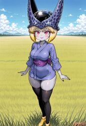 ai_generated bio-android_(dragon_ball) blonde_hair boots breasts cell_junior cosplay dragon_ball dragon_ball_z helmet kimono manyuuki nyan_nyan outdoors pink_eyes rule_63 sash spur//. thighhighs