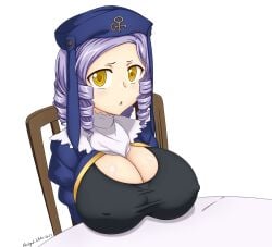 1girls abridged-satoko alternate_breast_size artist_name artist_signature blush breasts breasts_on_table chair cleavage dlanor_a_knox drill_hair female female_only grey_hair huge_breasts large_breasts light-skinned_female light_skin looking_at_viewer nipple_bulge nipples_visible_through_clothing open_mouth solo table umineko_no_naku_koro_ni white_background yellow_eyes