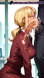 1boy 1girls 2025 ai_generated akiyama_kaede artist_name blonde_hair blowjob blowjob_face cock cum dick electroworld fellatio female glasses hi_res high_quality high_resolution highres kengan_(series) kengan_ashura licking oral oral_sex patreon patreon_username penis ponytail stable_diffusion straight sucking suit tongue tongue_out uncensored watermark