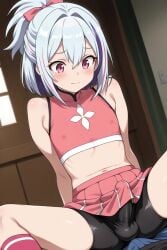 ai_generated androgynous bike_shorts blue_hair bulge erection long_socks medium_hair multicolored_hair penis pink_eyes ponytail purple_hair skirt streaked_hair t-shirt white_hair