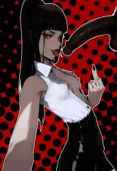 ai ai_assisted ai_generated armpits black_hair black_nail_polish black_nails blunt_bangs dark-skinned_male dark-skinned_penis dark_skin girthy_penis hi_res high_ponytail high_resolution highres imminent_oral interracial large_penis latex latex_skirt lipstick long_fingernails long_hair long_nails long_ponytail looking_at_viewer middle_finger netorare ntr pale-skinned_female pale_skin pencil_skirt pointy_nails ponytail puffy_nipples red_eyes red_lipstick seductive selfie sleeveless sleeveless_shirt small_breasts tagme thick_penis tongue tongue_out