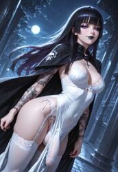 1futa ai_generated arched_back ass balls big_penis black_hair black_lipstick cape dress flaccid futa_only futanari garter_straps goth goth_futa goth_girl_(jamesbron) hime_cut jamesbron large_penis legwear lipstick long_hair looking_at_viewer medium_breasts navel panties penis penis_bulge purple_eyes skindentation smug solo solo_futa standing stockings tattoo tattooed_arm tattoos thighhighs thighs white_dress white_legwear white_panties white_stockings wide_hips