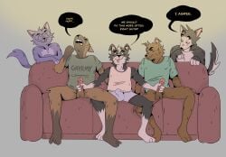 3_toes anthro balls barefoot being_watched bottomless bros_being_bros bulge canid canine canis clothed clothing dialogue domestic_cat domestic_dog double_handjob english_text erection eyewear feet felid feline felis furniture genitals glasses glassesdumpster group handjob hi_res humanoid_genitalia humanoid_penis looking_at_another looking_pleasured male male/male mammal paws penile penis plantigrade sex shirt sofa t-shirt tank_top text toes topwear underwear
