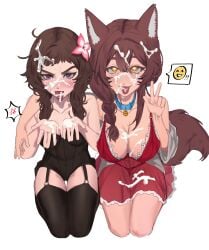 angry covered_in_cum cum facial frumentarii_(centurii-chan) hands_out happy incest lots_of_cum lupa_(spqr) milf mother_daughter on_kness peace_sign tongue tongues_out underwear