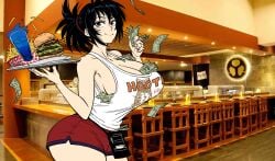 1girls absurdres bb_(baalbuddy) between_breasts breasts burger cleavage curvy female female_focus food french_fries highres hooters hooters_uniform hourglass_figure huge_breasts manyuu_chifusa manyuu_hikenchou medium_hair money ponytail short_shorts shorts sideboob simple_background solo thick_thighs thighs wide_hips