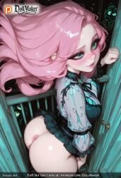 ai_generated anus ass blue_eyes blush breasts clothes_lift dollmaker dress female fluttershy_(mlp) gem heart-shaped_pupils long_hair no_panties pink_hair pussy smile solo symbol-shaped_pupils tagme thighhighs top-down_bottom-up