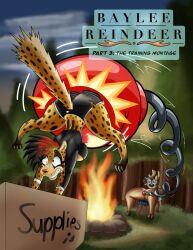 absurd_res animal_humanoid animal_print anthro antlers ass boxing_gloves brown_body brown_fur campfire camping cartoon_eyes cartoon_physics cat_humanoid cat_tail cheetah cheetah_humanoid cheetah_print clothed clothing clothing_lift deer domestic_cat dress dress_lift english_text eternitythelabb0 felid felid_humanoid feline feline_humanoid felis female fur genitals hammerspace handwear hi_res horn humanoid mammal mammal_humanoid new_world_deer pussy reindeer smile smiling_at_another story story_in_description text tree_stump yellow_body yellow_fur