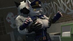 16:9 3d_(artwork) 5_fingers alley anthro bench big_breasts black_body black_fur blue_eyes bodily_fluids bottomwear box breast_grab breasts canid canine canis clothing container digital_media_(artwork) dumpster exposed_breasts female fingers fur gloves grabbing_from_behind graffiti groping_from_behind hair hand_on_breast handwear hi_res hood hood_up jacket lactating male male/female mammal murid murine night nipples officer_flint_(foresttherotten) orange_eyes pants police police_hat police_uniform rat rodent source_filmmaker_(artwork) thevestige topwear trash uniform warfare_flint white_body white_fur white_hair widescreen wolf wolf_(petruz) yellow_sclera