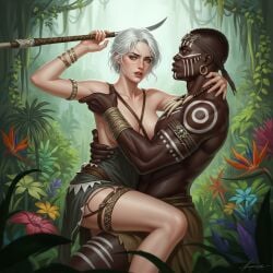 ai_generated ciri dark-skinned_male female interracial jungle no_bra tagme the_witcher_(series)