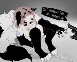 animal_humanoid bodily_fluids canid canid_humanoid canine canine_humanoid crying distressed expressive eyebrows fluffy fluffy_hair fluffy_tail fox_humanoid glistening glistening_eyes hair hi_res humanoid hush_(hushloafs) hushloafs long_hair mammal mammal_humanoid sad_smile tail tears thick_eyebrows thick_thighs trans_(lore) trans_woman_(lore)