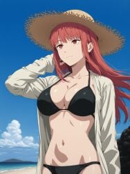 1girls ai_generated bikini black_bikini chainsaw_man female kreivan makima_(chainsaw_man) red_hair solo straw_hat swimsuit