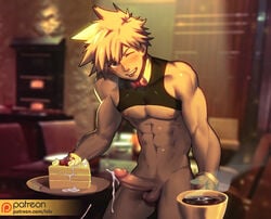 1boy abs blonde_hair bottomless bowtie censored cheesecake coffee coffee_cup crop_top cum cum_on_food cumshot erect_nipples erection exposed_nipples food looking_at_viewer lvlv male_only mostly_nude muscles naughty_face partially_clothed penis pointless_censoring solo spiky_hair steam tongue tongue_out waiter wink