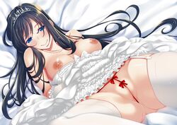 1girls absurdres akino_sora bed black_hair blue_eyes blush breasts cleft_of_venus dress female garter_straps hair_ornament highres jewelry lingerie long_hair lying necklace nipples no_bra original pearl_necklace pussy pussy_wedgie ribbon smile solo spread_legs thighhighs thong tiara underwear wedding_dress