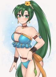 1girls ass black_shorts blue_tank_top breasts cleavage female female_only fire_emblem fire_emblem:_the_blazing_blade flower green_eyes green_hair hair_tie long_hair looking_at_viewer lyn_(fire_emblem) medium_breasts nintendo open_mouth ponytail purrlucii smile solo very_long_hair