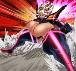 1girls akra_(beefmaster) angry_expression angry_face ass_visible_through_thighs breasts_bigger_than_head cosplay effects female huge_breasts kill_la_kill mango_pj matoi_ryuuko_(cosplay) screaming shiny_clothes tan-skinned_female tan_skin thick_thighs yellow_eyes