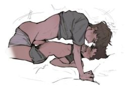 2boys age_difference arched_back blush brother_in_law brown_hair clothes_lift curly_hair dubious_consent grinding hand_over_mouth incest male messy_hair motion_lines nicumkoro nikokoro pants_down penis_out pinned pinned_down pubic_hair quivering scars self_harm_scars size_difference squeezing_sheet transmasc yaoi yvan_(nikokoro)