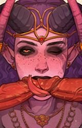 accessory baldur's_gate baldur's_gate_3 blush demon demon_humanoid dungeons_and_dragons fellatio female freckles group hair hasbro hi_res humanoid humanoid_pointy_ears larian_studios licking linaswalaf lipstick makeup male male/female oral penile pointy_ears purple_body purple_hair purple_skin red_body red_skin ring sex tiefling tongue wizards_of_the_coast