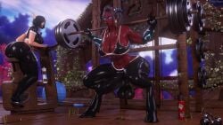 2futas 3d abs balls black_hair black_lipstick blood_elf blue_eyes bra breasts derpynaut draenei elf elf_ears eredar futa_only futanari gym horsecock huge_balls huge_breasts latex lipstick red_skin warcraft world_of_warcraft yellow_eyes ylori_the_thundering
