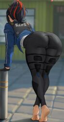 1girls 2d 2d_(artwork) ass ass big_ass big_breasts big_thighs black_hair blush breasts cameltoe female female_focus female_only gigantic_ass heels high_heels huge_ass huge_breasts huge_thighs large_ass looking_at_viewer looking_back oroborusart peace_sign plump_labia ponytail puffy_anus pussy pussy_visible_through_clothes simple_background solo thick_hips thick_thighs thighs tight_clothing v_sign wide_hips zenless_zone_zero zhu_yuan