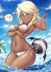 arm_under_breasts armpits bikini blonde_hair blue_sky blush breasts cleavage cloud commentary cowboy_shot creature dark-skinned_female dark_skin day female groin guilty_gear hair_between_eyes halterneck hand_up highres ivenglynn long_hair looking_at_viewer lucifero_(guilty_gear) medium_breasts navel o-ring o-ring_bikini outdoors palm_tree parted_lips ramlethal_valentine side-tie_bikini_bottom sky solo standing stomach strap_pull string_bikini swimsuit tree underboob water wet white_bikini yellow_eyes