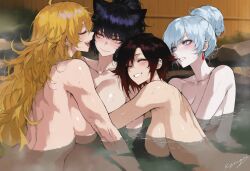 4girls ai_generated black_hair blake_belladonna blonde_hair convenient_censoring huge_breasts implied_yuri jealous kizirugai large_breasts leaning_forward looking_at_another onsen partially_submerged ruby_rose rwby shy small_breasts smile tagme weiss_schnee white_hair yang_xiao_long