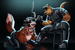 absurd_res anthro biped blktigerart canid canine canis cigar dominant dominant_anthro dominant_male duo gimp_mask hi_res leather_daddy male male/male mammal mask muscular muscular_anthro muscular_dom muscular_male mustelid otter slightly_chubby slightly_chubby_anthro slightly_chubby_male submissive submissive_anthro submissive_male wolf