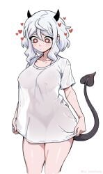 female helltaker lwgoombang modeus_(helltaker) nipple_bulge sheer_clothing solo t-shirt t-shirt_only