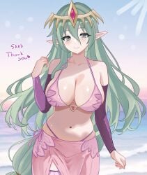 absurd_res alluring big_breasts bikini cleavage closed_mouth commentary_request commission cowboy_shot detached_sleeves female fire_emblem green_eyes green_hair hair_between_eyes halterneck hand_up headgear high_res intelligent_systems long_hair long_sleeves looking_at_viewer n_54 navel nintendo pink_bikini pink_sarong pointy_ears purple_sleeves sarong skeb_commission skindentation smile standing stomach string_bikini swimsuit tiki_(adult)_(fire_emblem) tiki_(fire_emblem) very_long_hair