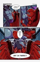 absurd_res aktiloth aktiloth_(character) animal_genitalia anthro ball_sniffing balls blue_eyes blush blush_lines bodily_fluids body_worship claws clothing comic comic_panel crotch_sniffing dragon feathered_wings feathers firecracker_blaze flaccid genital_slit genitals hair hair_grab hand_on_head hi_res horn imminent_sex locker locker_room locker_room_sex looking_at_genitalia male male/male multicolored_body musk musk_clouds musk_worship musky_balls mythological_creature mythological_scalie mythology nipples non-mammal_nipples nude nude_anthro nude_male penis purple_body red_body scalie sniffing squeak sweat sweatdrop sweaty_balls sweaty_genitalia throwing_clothing touching_hair underwear wings