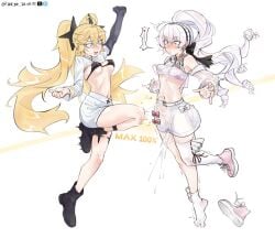 2girls arcaea clear_(djmax) clenched_hands constricted_pupils dancing djmax excessive_pussy_juice female full-face_blush heart hikari_(arcaea) looking_at_another medium_breasts multiple_girls nipple_bulge official_alternate_costume official_alternate_hairstyle pixiv_username pussy_juice pussy_juice_drip_through_clothes see-through shocked shoes_removed twitter_username