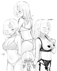 bra heart_stickers imagining kromer_(limbus_company) limbus_company lingerie migishita nipple_stickers project_moon sinclair_(limbus_company) tagme underwear