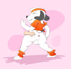 anthro anus ass balls canine closed_eyes clothing disembodied_hand fur human interspecies leg_warmers legwear male male_only mammal smile snoopy standing unknown_artist white_fur