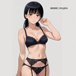 1girls ai_generated black_bra black_panties black_underwear bra dodoriasan female garter_belt mitaka_asa panties solo underwear