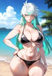 1girls ai_generated ass big_breasts bikini breasts fate/grand_order fate_(series) female female_focus female_only green_eyes green_hair hips huge_ass huge_breasts kukulkan_(fate) large_breasts long_hair looking_at_viewer looking_pleasured navel smiling smiling_at_viewer thick_thighs thighs white_hair wide_hips