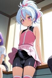 ai_generated androgynous bike_shorts blue_hair bulge erection long_socks medium_hair multicolored_hair penis pink_eyes ponytail purple_hair skirt streaked_hair t-shirt white_hair