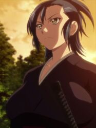 1girls alternate_hairstyle big_breasts black_kimono blue_hair breasts covered_breasts female golden_eyes hair_up huge_breasts katana kimono light-skinned_female manyuu_chifusa manyuu_hikenchou ponytail serious sexy sunset thick tomboy