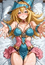 ai_generated bangs bare_shoulders bed bed_sheet blonde_hair blue_dress blue_headwear blush bracer breasts choker clavicle cleavage clothing collarbone dark_magician_girl detached_sleeves dress duel_monster female female female_only green_eyes hair_between_eyes hat headwear jewelry jousneystudio konami large_breasts long_hair looking_at_viewer lying medium_breasts navel on_back on_bed outstretched_arms parted_lips pelvic_curtain pillow shiny_skin smile solo spellcaster_hat sweat thighs trembling wizard_hat yu-gi-oh! yu-gi-oh!_duel_monsters