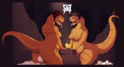 2021 after_transformation anthro anus areola artist_name biped black_hair bodily_fluids border breasts brown_hair cave colored countershading dinosaur duo egg egg_from_pussy egg_laying female front_view genital_fluids genitals hi_res koopacap light light_beam looking_pleasured markings naked nipples non-mammal_breasts non-mammal_hair non-mammal_nipples non-mammal_pussy nude open_mouth pictographics prehistoric_species purple_border pussy rear_view reptile scalie shaded sharp_teeth speech_bubble standing striped_markings stripes teeth text three-quarter_view tongue tongue_out vaginal_fluids