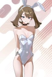arms_behind_back bare_arms bare_legs bare_shoulders bare_thighs belly_button_visible_through_clothing blue_eyes blush breasts brown_hair bunny_ears bunnysuit choker cleavage closed_mouth collarbone earrings highleg_leotard hip_bones leotard may_(pokemon) medium_hair otokakoto pokemon small_breasts smile standing thighs twintails white_leotard
