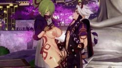 3d animated animated animated arataki_itto big_breasts cellphone genshin_impact green_hair horns kuki_shinobu mask oni orgasm_face public_sex sex tattoos tongue_out vaginal_penetration