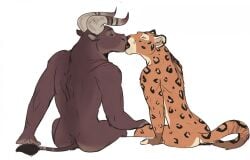 anthro bovid bovine cattle duo felid french_kissing hand_on_leg kissing leopard male male/male mammal nude pantherine raaz rear_view scar sitting