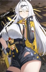 bibitapel breasts collarbone commentary english_commentary female fingerless_gloves gloves grey_hair hair_ornament high-waist_shorts highres large_breasts long_hair shorts single_thighhigh solo thighhighs thighs twitter_username vest yellow_eyes yellow_vest yixuan_(zenless_zone_zero) zenless_zone_zero
