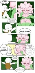absurd_res backpack breasts comic dialogue duo elemental_creature elemental_humanoid english_text female flora_fauna genitals greeting hi_res human humanoid male mammal pink_body plant plant_humanoid plant_tentacles pussy text tonytoran vines
